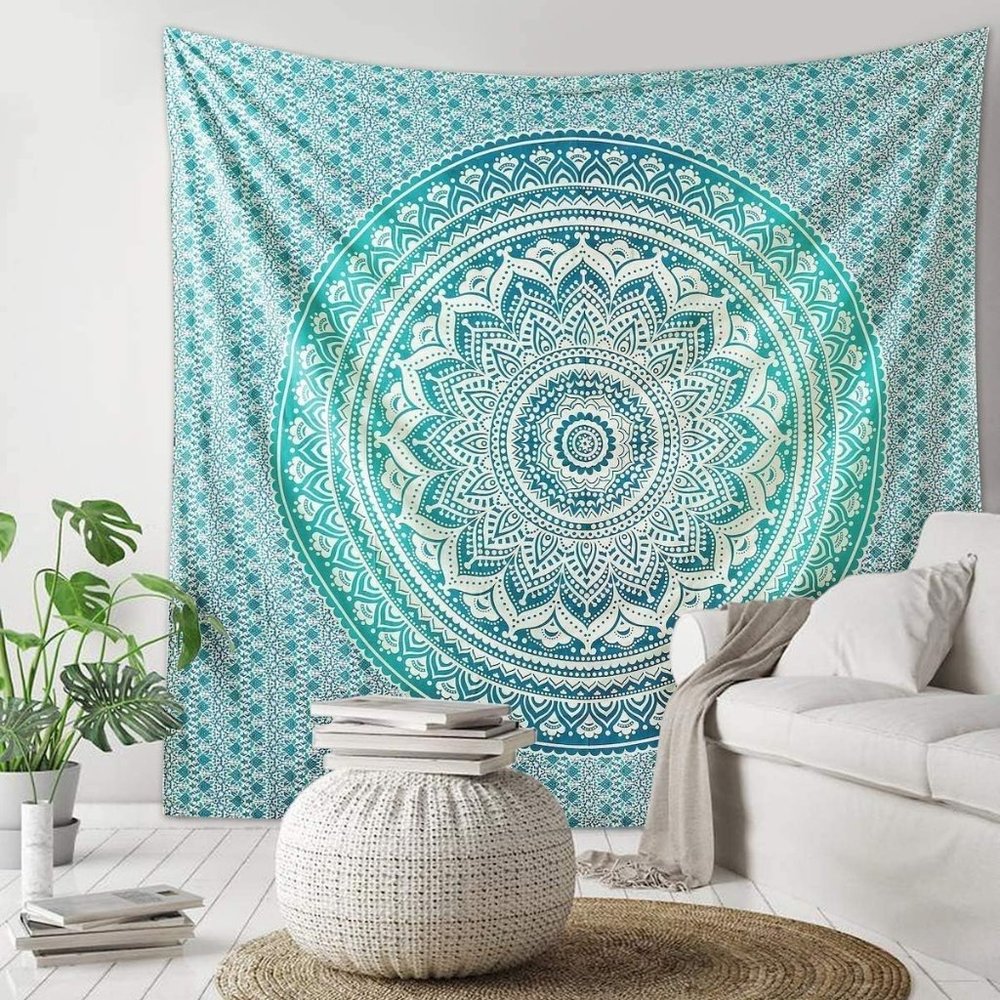 Queen Size Tapestry & Two Bed Pillow Covers SET Green Teal Blue NEW